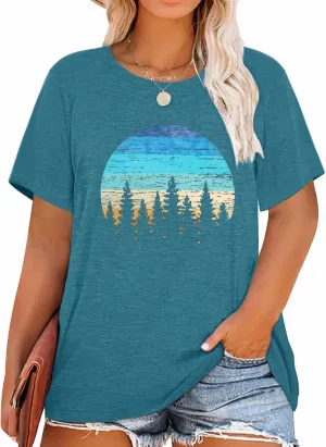 MK Shop Limited Plus Size Tops for Women Cute Vintage Graphic Tee Sunrise Camping Funny Print Casual Nature Travel Shirt