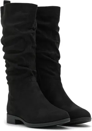 MOOMMO Women Mid Calf Slouch Boots Suede Calf High Boots Flats Flat Heel Long Boots Wide Calf Side Zipper Winter Boots Round Toe Flat Boots Retro Cute Casual Comfy Winter 4-13 M US