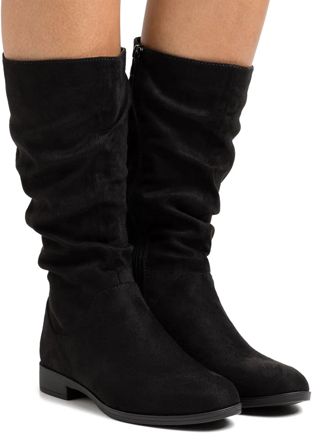MOOMMO Women Mid Calf Slouch Boots Suede Calf High Boots Flats Flat Heel Long Boots Wide Calf Side Zipper Winter Boots Round Toe Flat Boots Retro Cute Casual Comfy Winter 4-13 M US