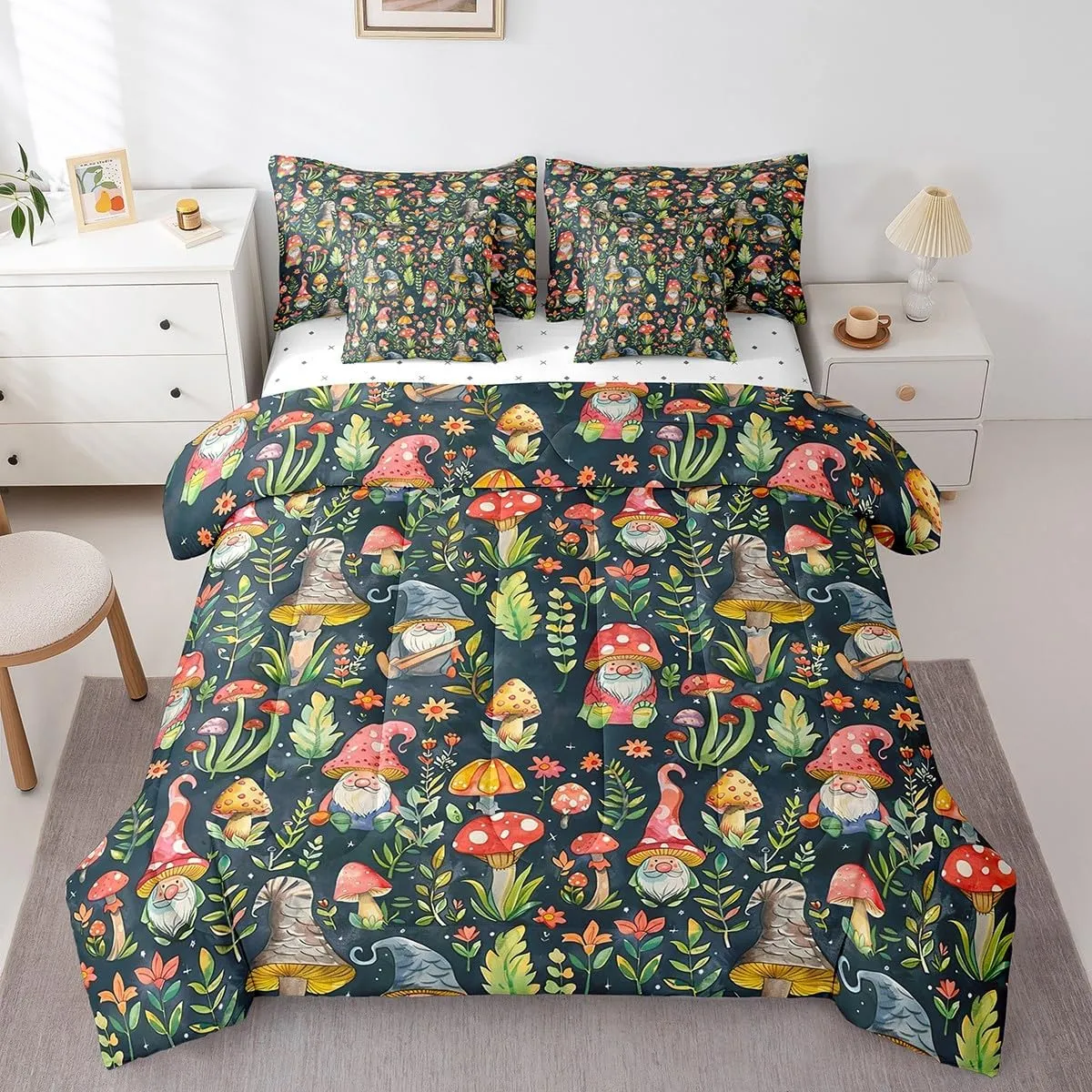 Mushroom Gnome Comforter Set Bed in a Bag 7 Pieces Queen,Botanical Leaves Bedding Set for Girls Teens Kids,Colorful Mushroom Plants (Comforter Fitted Flat Sheet 2 Pillowcases 2 Throw Pillow Covers)