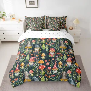 Mushroom Gnome Comforter Set Bed in a Bag 7 Pieces Queen,Botanical Leaves Bedding Set for Girls Teens Kids,Colorful Mushroom Plants (Comforter Fitted Flat Sheet 2 Pillowcases 2 Throw Pillow Covers)