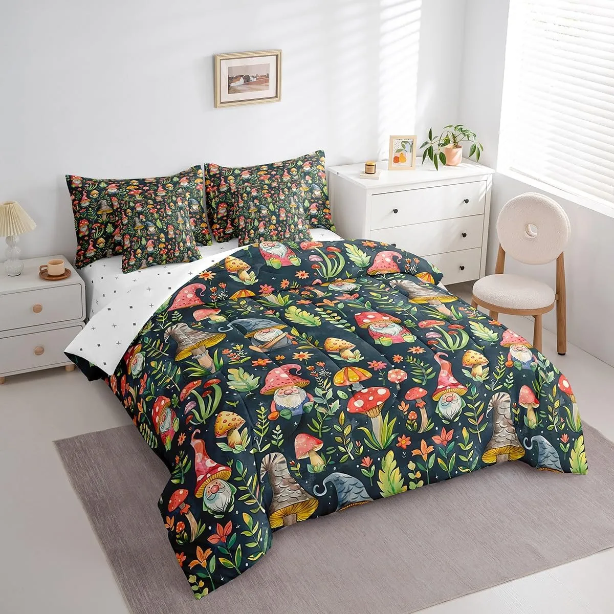 Mushroom Gnome Comforter Set Bed in a Bag 7 Pieces Queen,Botanical Leaves Bedding Set for Girls Teens Kids,Colorful Mushroom Plants (Comforter Fitted Flat Sheet 2 Pillowcases 2 Throw Pillow Covers)