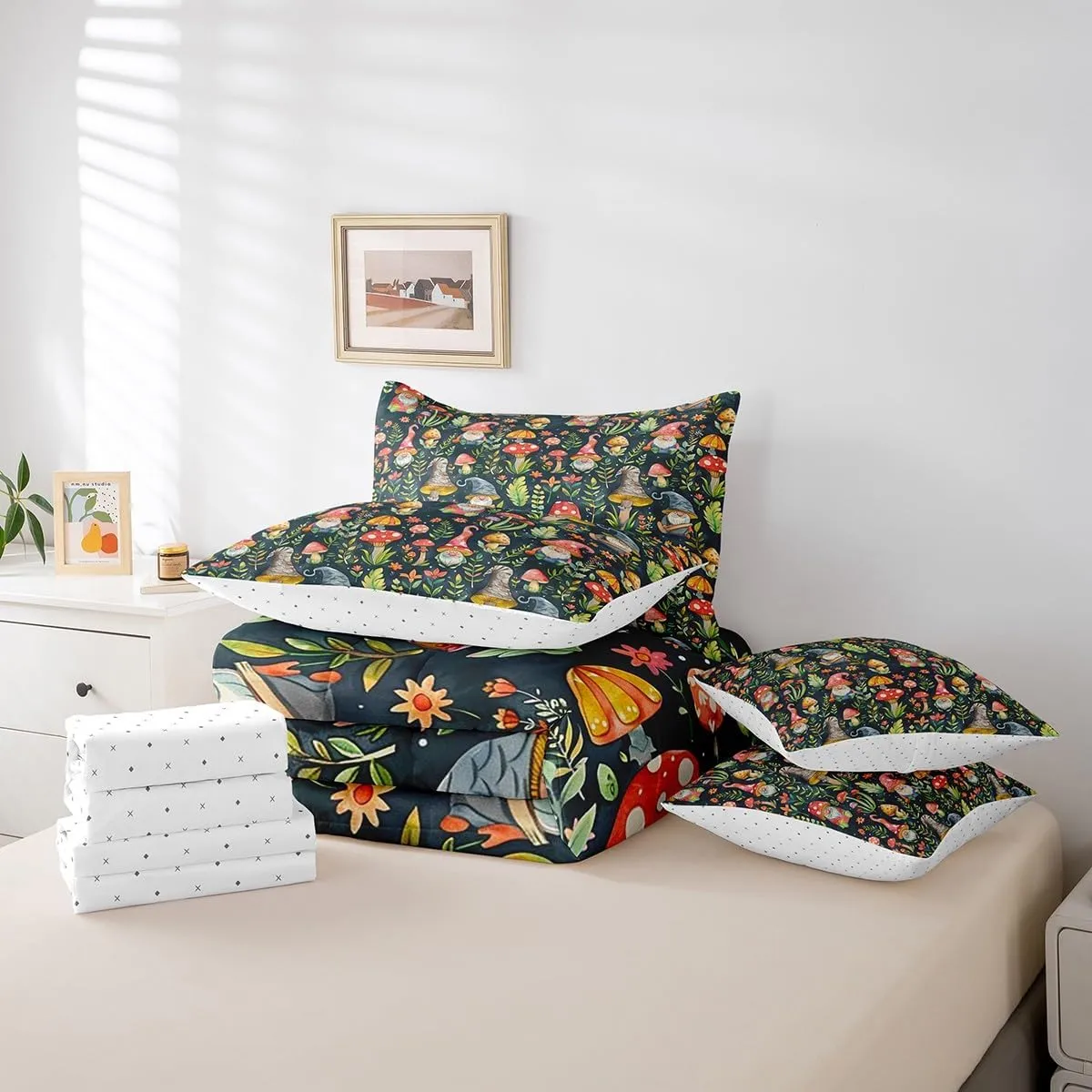 Mushroom Gnome Comforter Set Bed in a Bag 7 Pieces Queen,Botanical Leaves Bedding Set for Girls Teens Kids,Colorful Mushroom Plants (Comforter Fitted Flat Sheet 2 Pillowcases 2 Throw Pillow Covers)