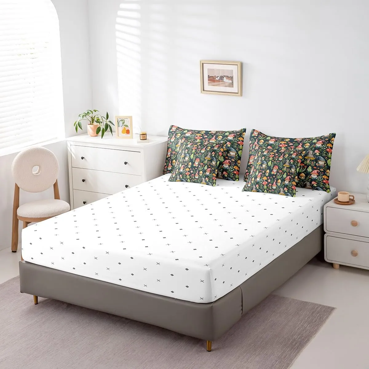 Mushroom Gnome Comforter Set Bed in a Bag 7 Pieces Queen,Botanical Leaves Bedding Set for Girls Teens Kids,Colorful Mushroom Plants (Comforter Fitted Flat Sheet 2 Pillowcases 2 Throw Pillow Covers)