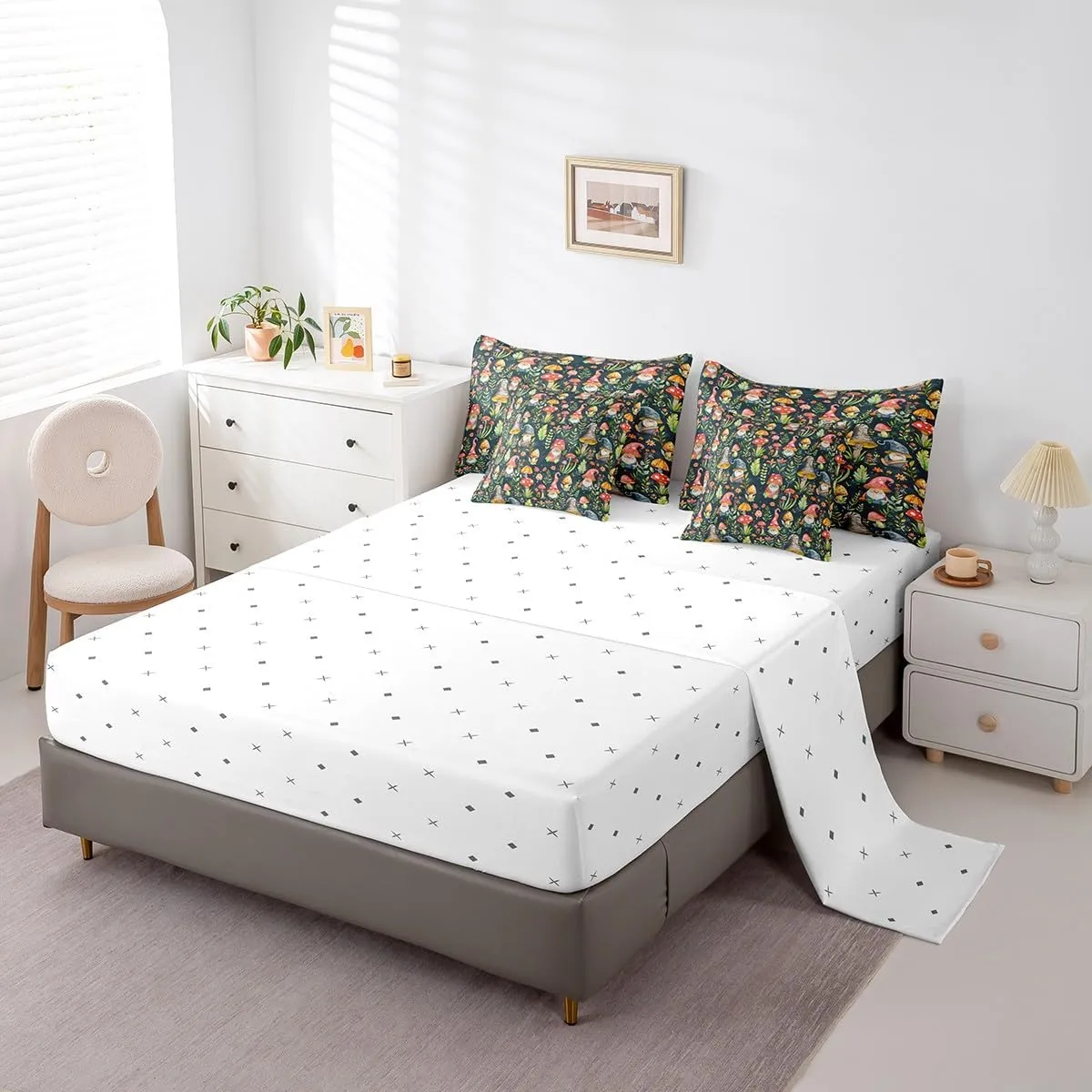 Mushroom Gnome Comforter Set Bed in a Bag 7 Pieces Queen,Botanical Leaves Bedding Set for Girls Teens Kids,Colorful Mushroom Plants (Comforter Fitted Flat Sheet 2 Pillowcases 2 Throw Pillow Covers)