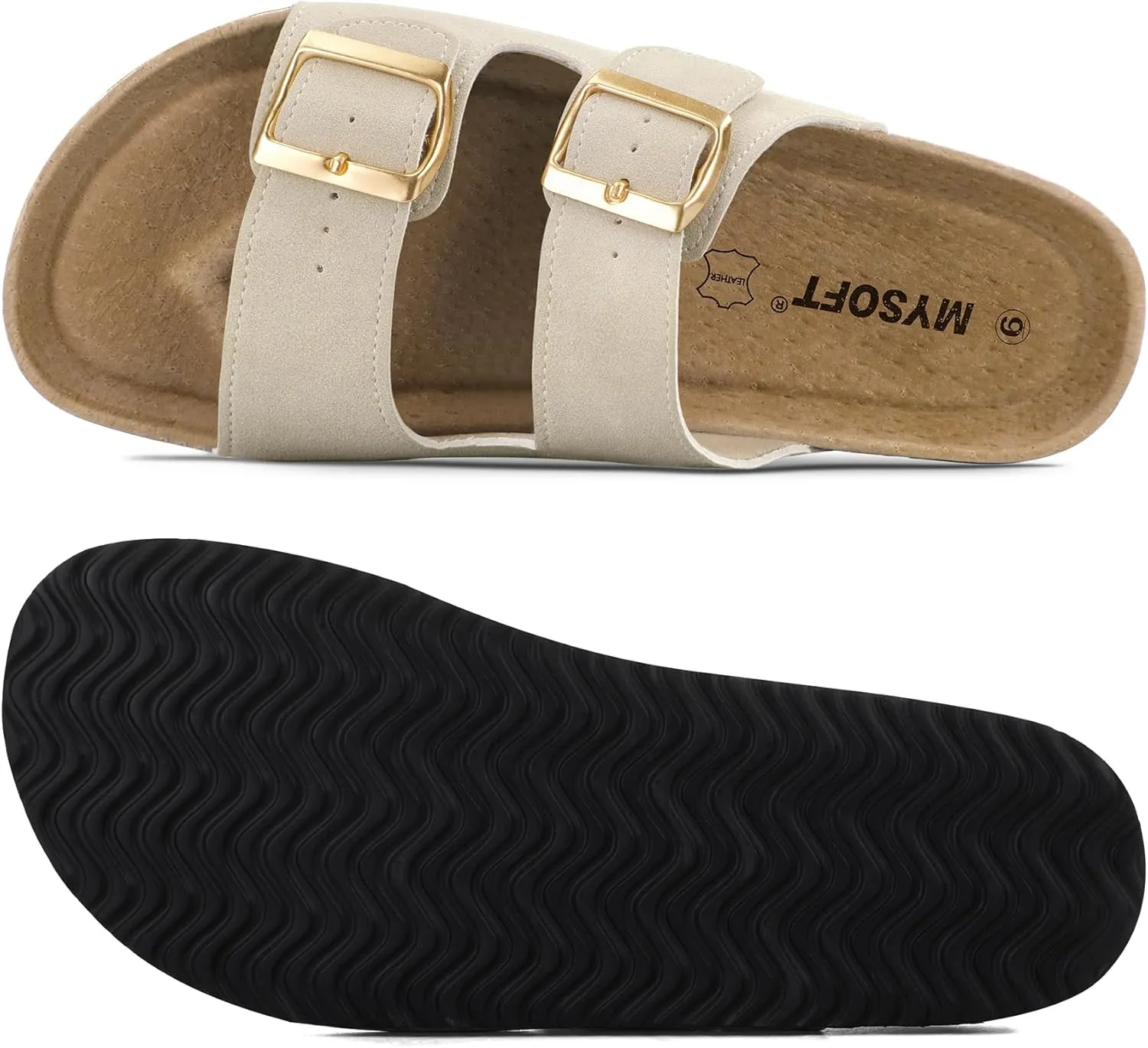mysoft Womens Flat Sandals Cork Footbed Slides 2 Straps Adjustable Buckle Slip On Summer with  Comfort Shoes