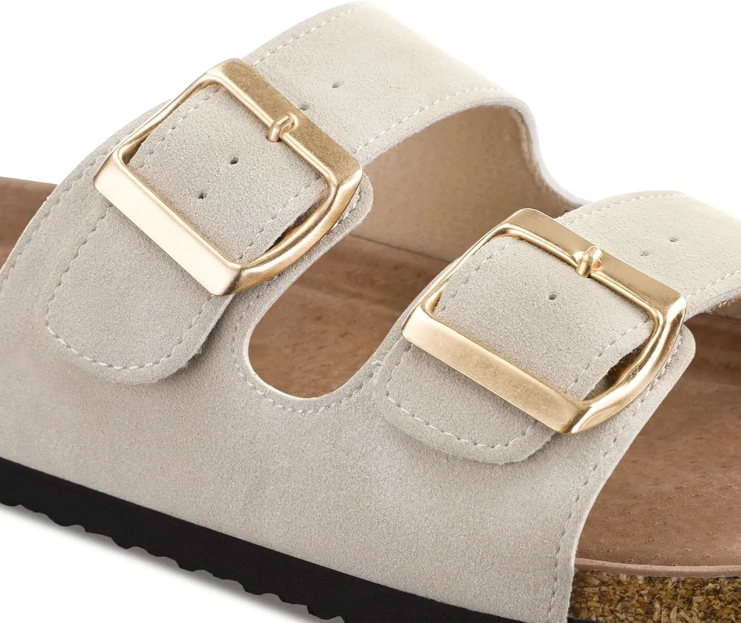 mysoft Womens Flat Sandals Cork Footbed Slides 2 Straps Adjustable Buckle Slip On Summer with  Comfort Shoes