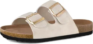 mysoft Womens Flat Sandals Cork Footbed Slides 2 Straps Adjustable Buckle Slip On Summer with  Comfort Shoes