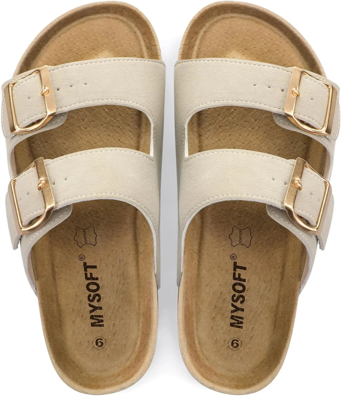 mysoft Womens Flat Sandals Cork Footbed Slides 2 Straps Adjustable Buckle Slip On Summer with  Comfort Shoes