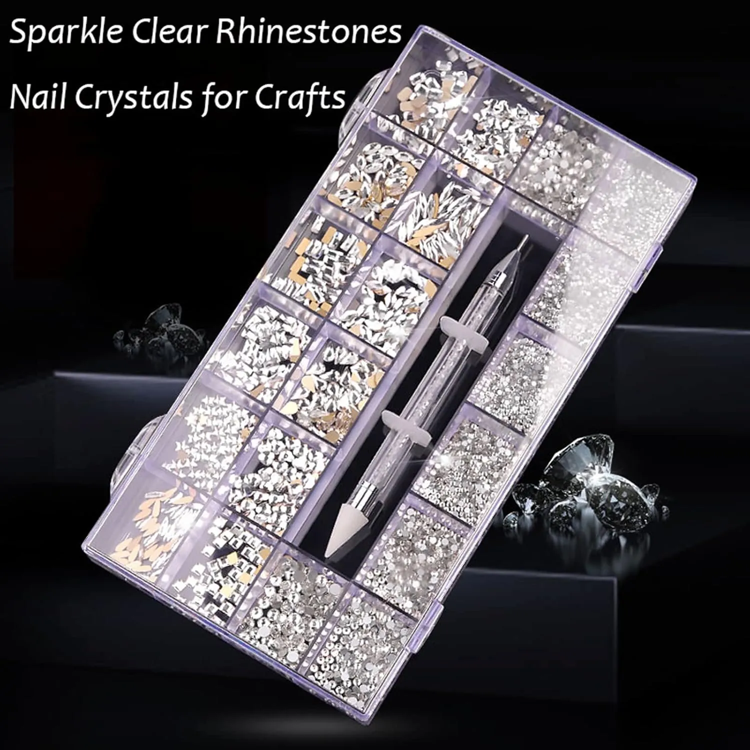 Nail Rhinestones Kit, Nail Art Decorations Flat AB Rhinestones Kit DIY Crafts Gemstones for Nail, Shoes, Clothes, Jewels (600 Clear diamonds   2500 flat rhinestone)