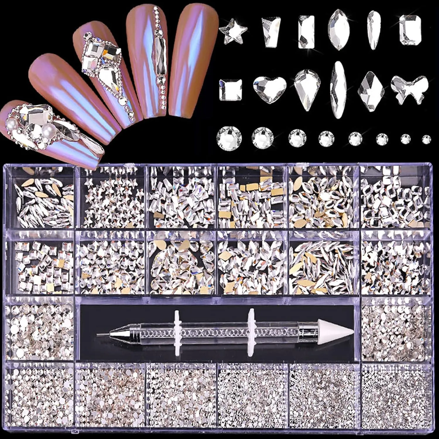 Nail Rhinestones Kit, Nail Art Decorations Flat AB Rhinestones Kit DIY Crafts Gemstones for Nail, Shoes, Clothes, Jewels (600 Clear diamonds   2500 flat rhinestone)