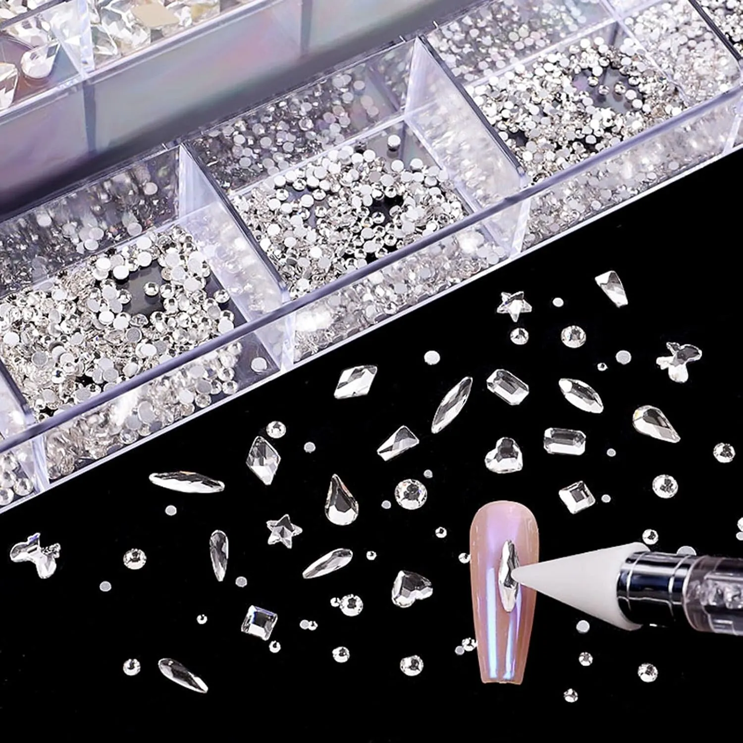 Nail Rhinestones Kit, Nail Art Decorations Flat AB Rhinestones Kit DIY Crafts Gemstones for Nail, Shoes, Clothes, Jewels (600 Clear diamonds   2500 flat rhinestone)
