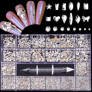 Nail Rhinestones Kit, Nail Art Decorations Flat AB Rhinestones Kit DIY Crafts Gemstones for Nail, Shoes, Clothes, Jewels (600 Clear diamonds   2500 flat rhinestone)