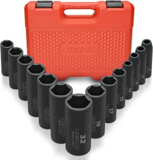 Neiko 02475A 1/2" Drive Deep Impact Socket Set, 14 Piece | 6 Point Metric Sizes (11-32 mm) | Cr-V Steel