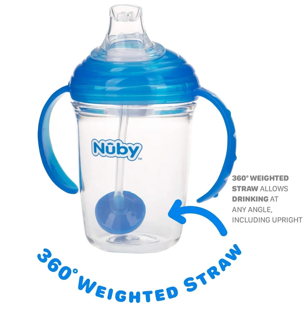 Nuby No Spill 360 Weighted Straw Grip N' Sip Tritan Cup with Hygienic Cover, 8 Oz, Trainer Cup (Blue/Grey)
