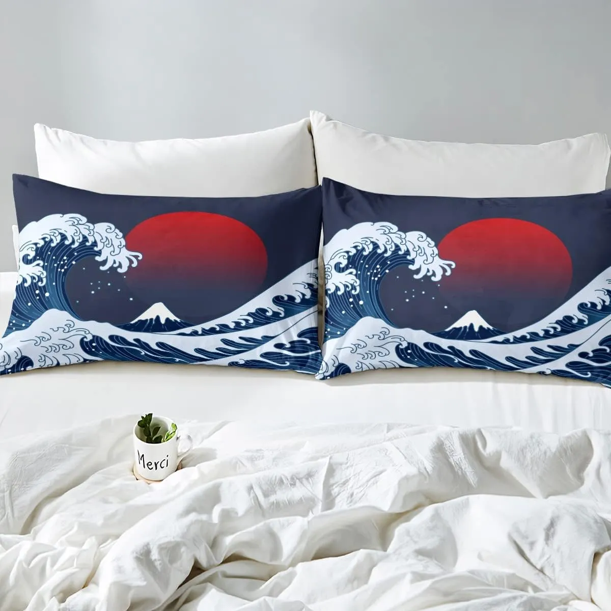 Ocean Wave Bed Sheets Sea Surfing Red Sun Sheet Set for Kids Boys Girls Japanese Ukiyoe Bed Set Exotic Navy Blue Decor Sheets with 2 Pillowcases 4Pcs Bedding Full