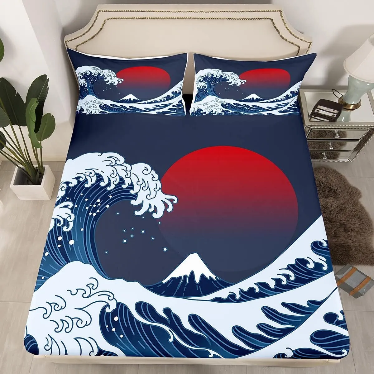 Ocean Wave Bed Sheets Sea Surfing Red Sun Sheet Set for Kids Boys Girls Japanese Ukiyoe Bed Set Exotic Navy Blue Decor Sheets with 2 Pillowcases 4Pcs Bedding Full