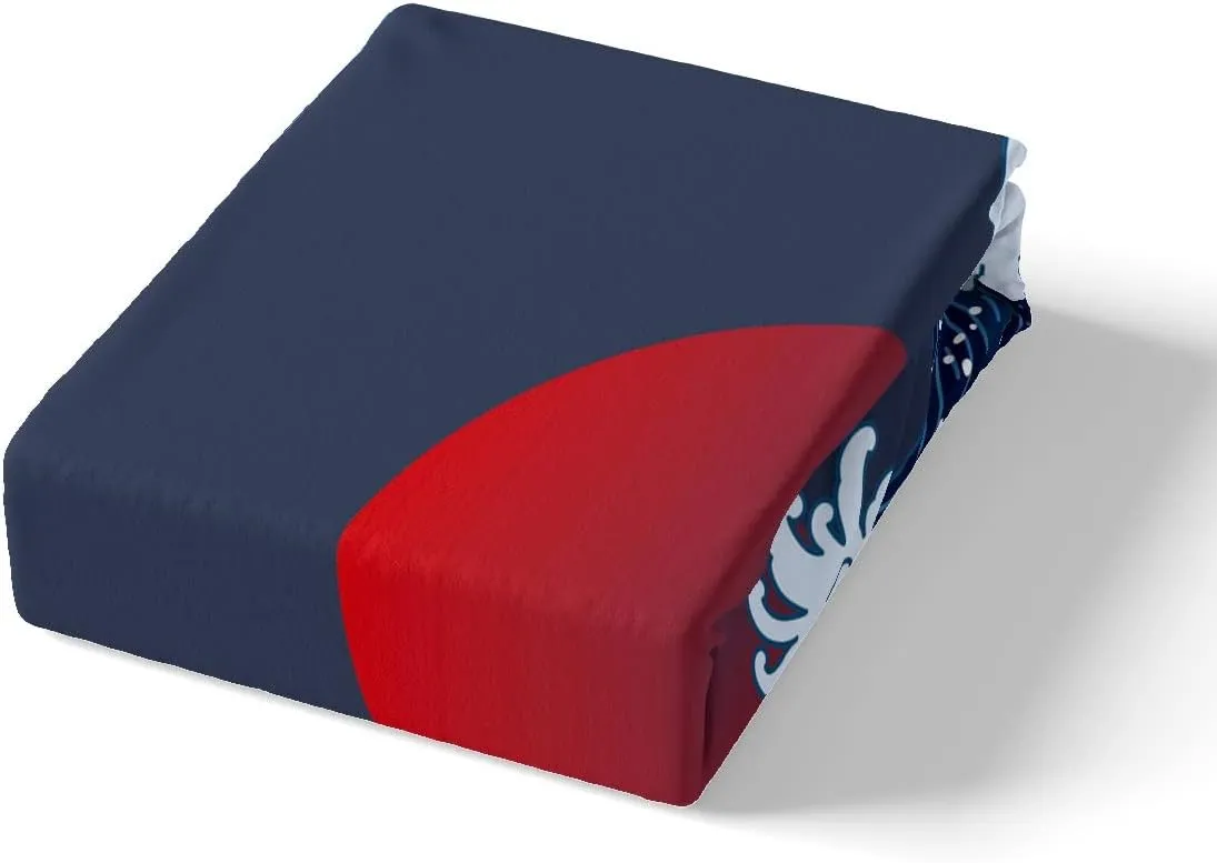 Ocean Wave Bed Sheets Sea Surfing Red Sun Sheet Set for Kids Boys Girls Japanese Ukiyoe Bed Set Exotic Navy Blue Decor Sheets with 2 Pillowcases 4Pcs Bedding Full