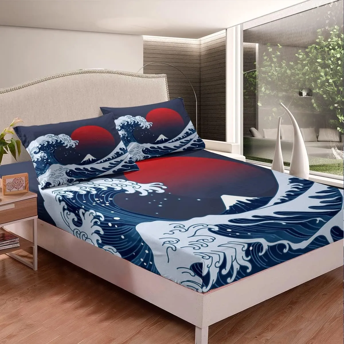Ocean Wave Bed Sheets Sea Surfing Red Sun Sheet Set for Kids Boys Girls Japanese Ukiyoe Bed Set Exotic Navy Blue Decor Sheets with 2 Pillowcases 4Pcs Bedding Full
