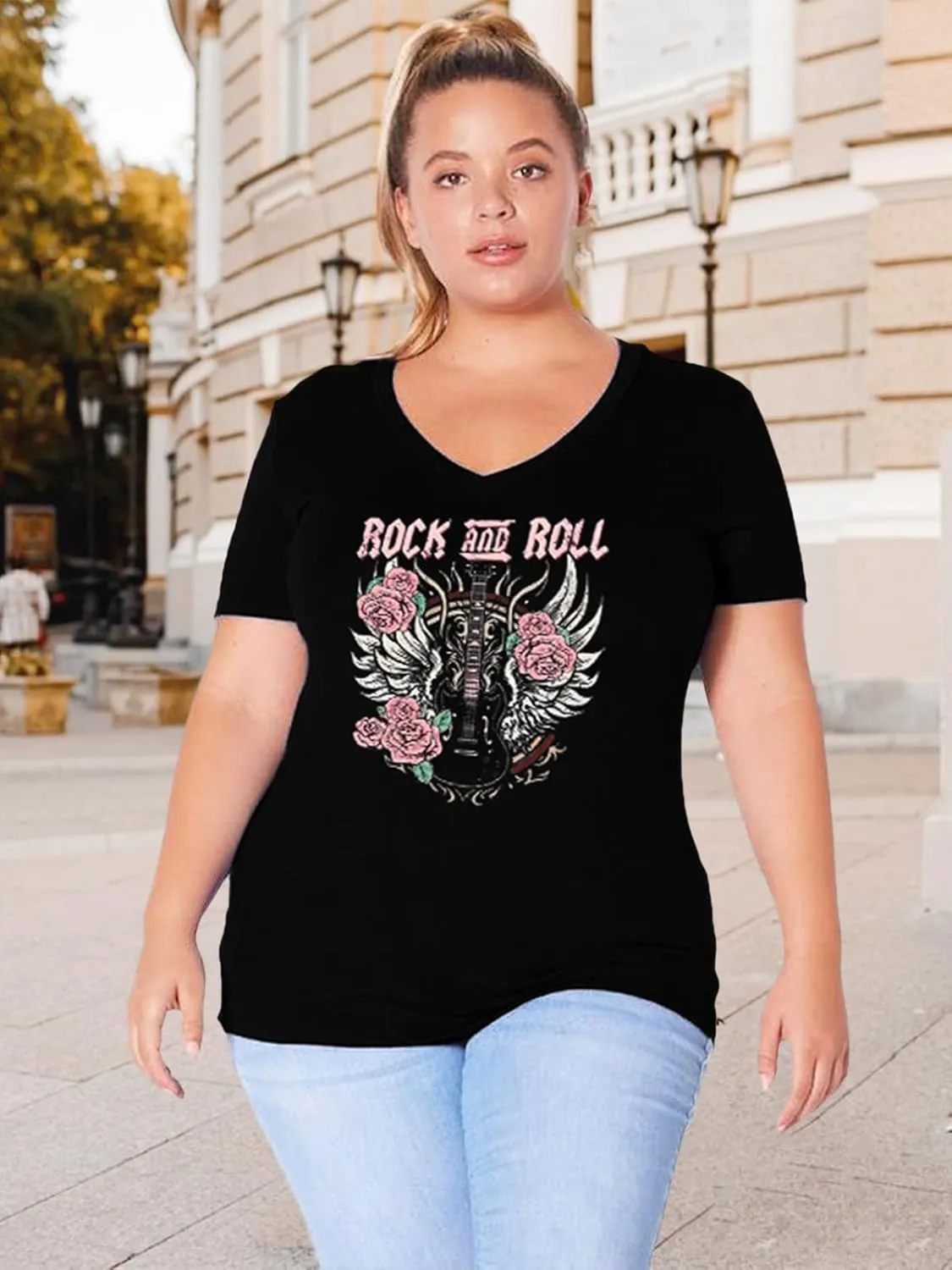 Plus Size Tops Womens V Neck Western Cowgirl T-Shirts Vintage Country Music Graphic Tee Shirt