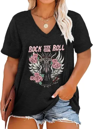 Plus Size Tops Womens V Neck Western Cowgirl T-Shirts Vintage Country Music Graphic Tee Shirt