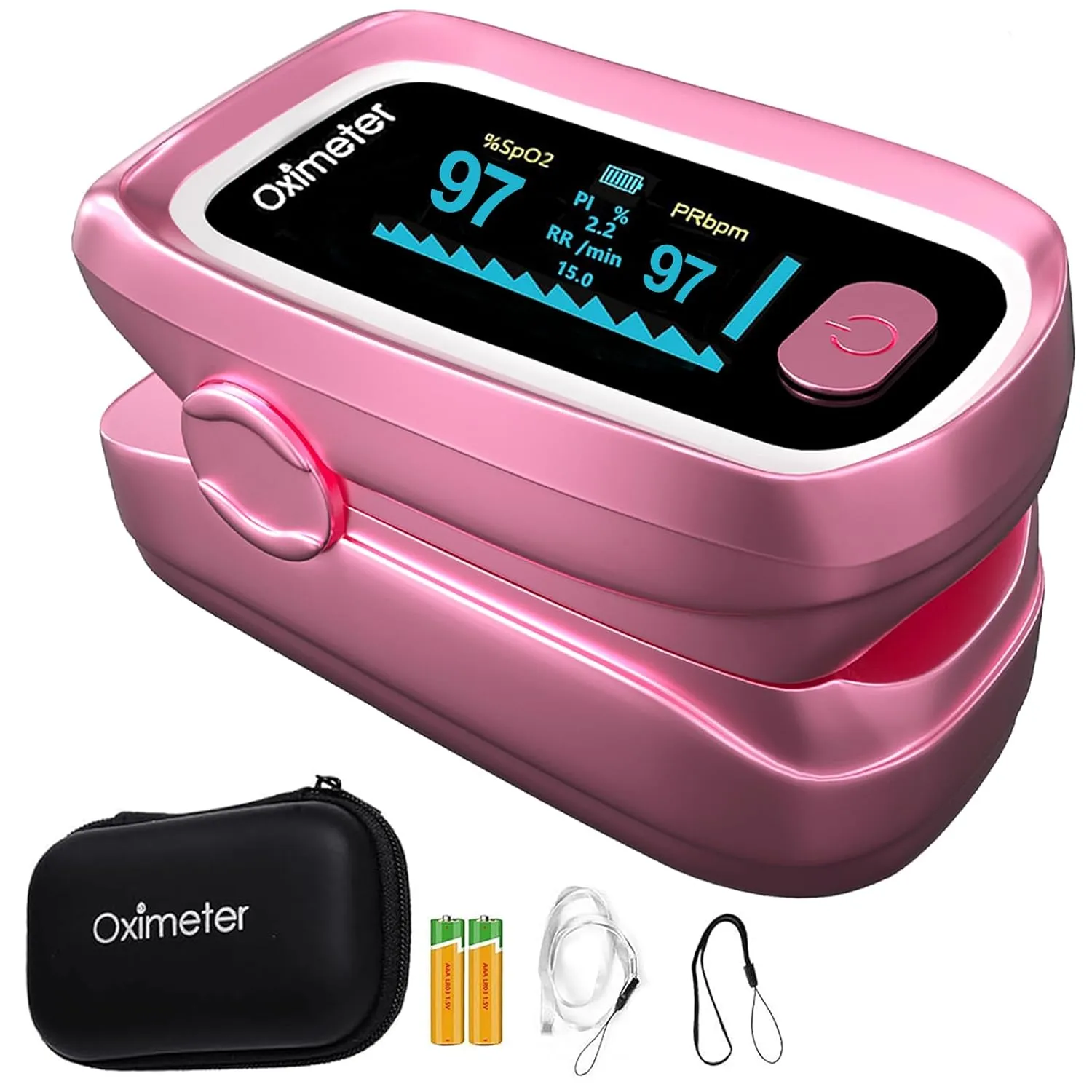 Pulse Oximeter with Respiration, Respiration Rate Monitor, Pulse OX with Respiration Counter, O2 Pulse Oximeter Finger, Oxygen Monitor Fingertip, Oximeter with Bag, and Lanyard (Pink)