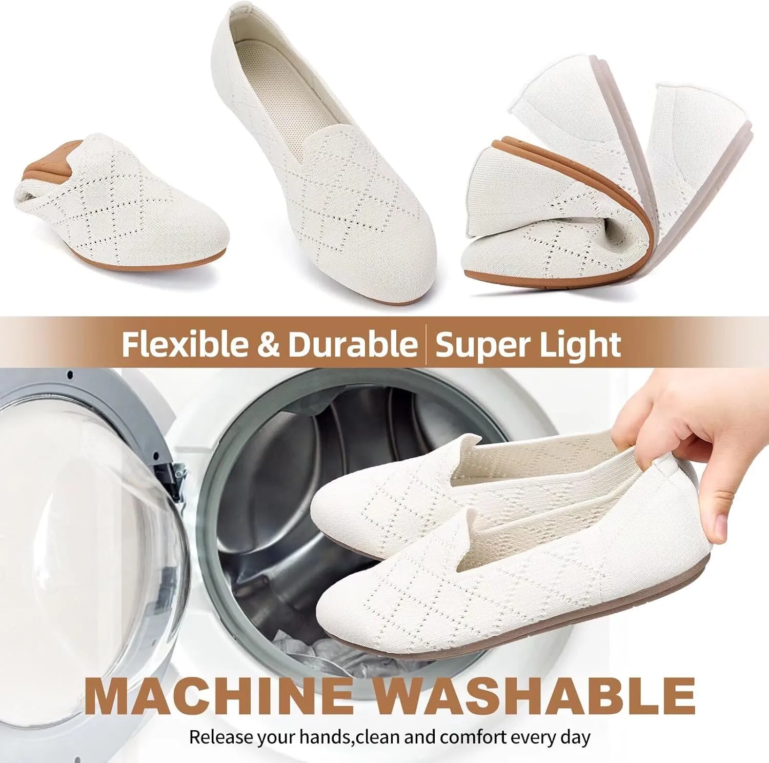 Puxowe Ballet Flats for Women - Stretch Knit Slip-On Low Wedge Shoes, Soft Round Toe Design for Office, Travel & Daily Walking