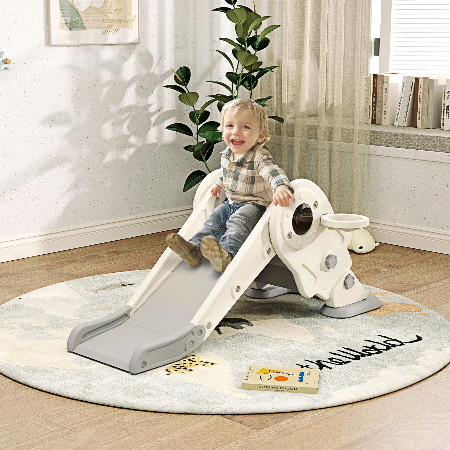 Qaba 3 In 1 Toddler Slide, Foldable Kids Slide With Basketball Hoop, Climber, Anti-slip Steps, Space|Qaba Toboggan 3 En 1 Pour Tout-petits, Toboggan Pliable Pour Enfants Avec Panier De Basket, Equipeme