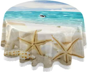 Qilmy Summer Beach Starfish Outdoor Tablecloth 60 Inch Waterproof Round Tablecloth with Umbrella Hole and Zipper for Backyard Party BBQ Decor