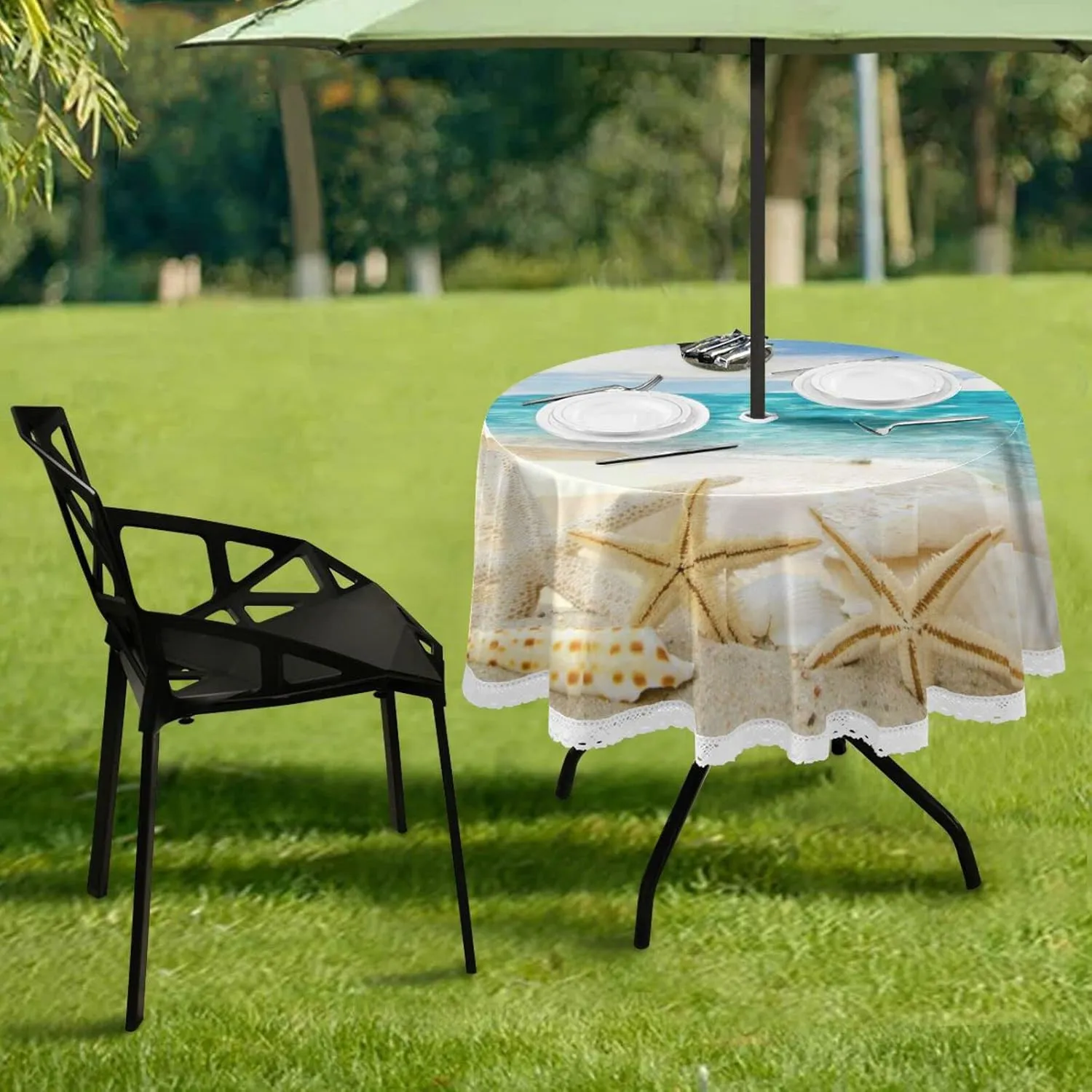 Qilmy Summer Beach Starfish Outdoor Tablecloth 60 Inch Waterproof Round Tablecloth with Umbrella Hole and Zipper for Backyard Party BBQ Decor