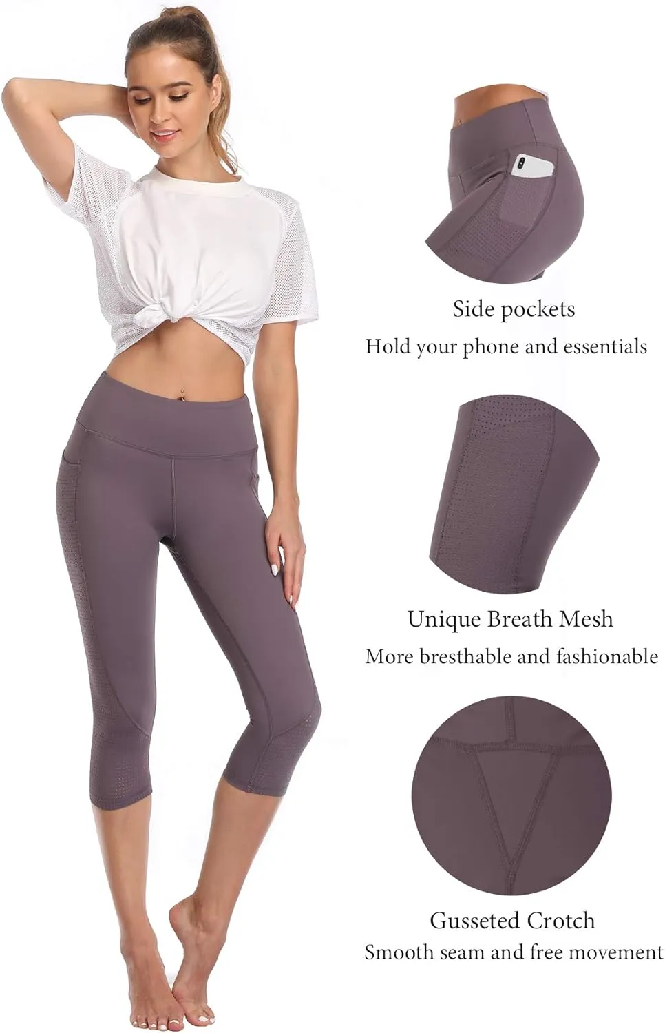 RAYPOSE Womens Workout Leggings for Women with Pockets Plus Size Gym High Waist Capri Yoga Pants Women with Mesh Cut Out