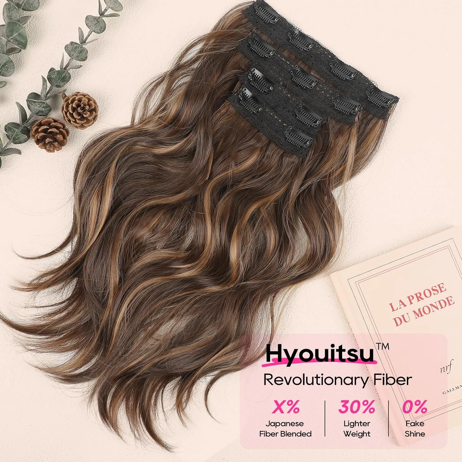 REECHO Hair Extensions, 4PCS Clip in Hair Extensions 14" Short Beach Wavy Invisible Lace Weft Natural Soft Hairpieces for Women – Chestnut Brown with Highlights
