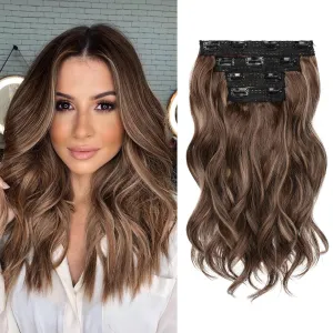 REECHO Hair Extensions, 4PCS Clip in Hair Extensions 14" Short Beach Wavy Invisible Lace Weft Natural Soft Hairpieces for Women – Chestnut Brown with Highlights