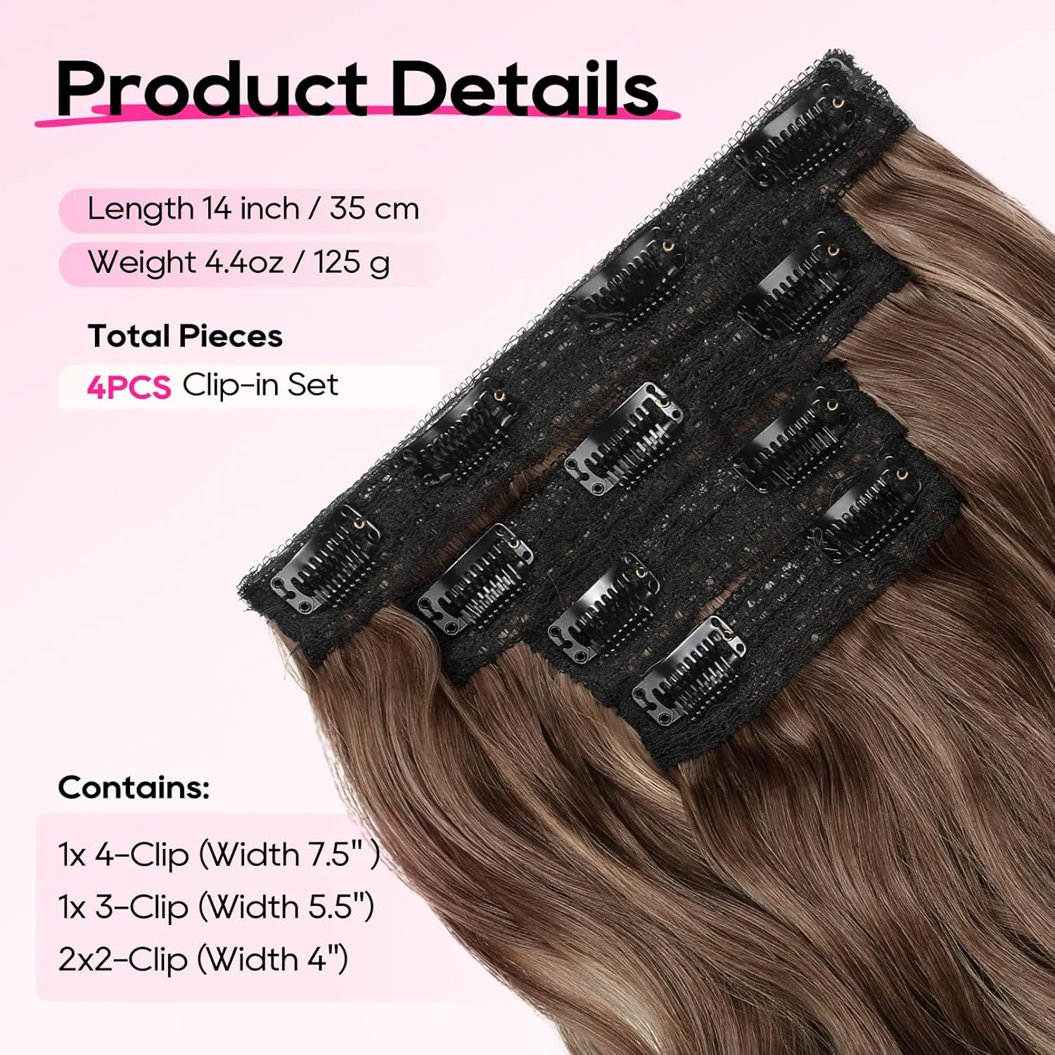 REECHO Hair Extensions, 4PCS Clip in Hair Extensions 14" Short Beach Wavy Invisible Lace Weft Natural Soft Hairpieces for Women – Chestnut Brown with Highlights