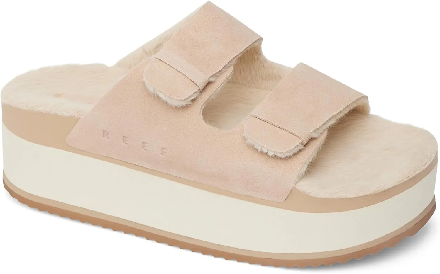 REEF Ojai Ciara Women's Platform Slide, Cozy Faux Fur Footbed, Full Grain Leather