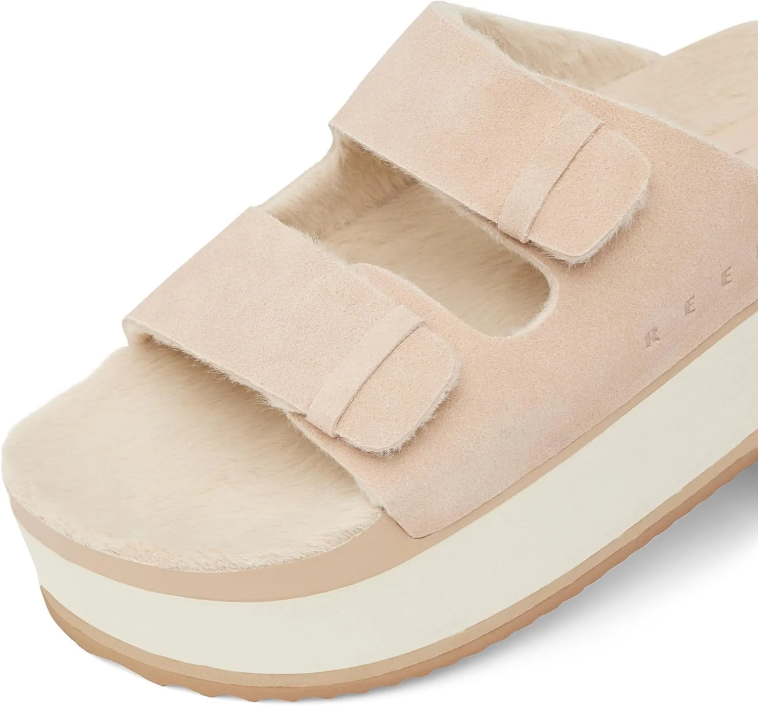 REEF Ojai Ciara Women's Platform Slide, Cozy Faux Fur Footbed, Full Grain Leather