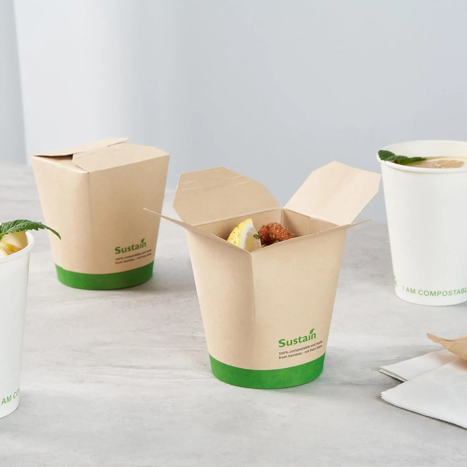Restaurantware Sustain 16 Ounce Sturdy Paper Take Out Boxes, 50 Disposable Take Out Food Containers - With PLA lining, Compostable, Bamboo Paper Containers, Built-In Tab-Lock Cover, Greaseproof