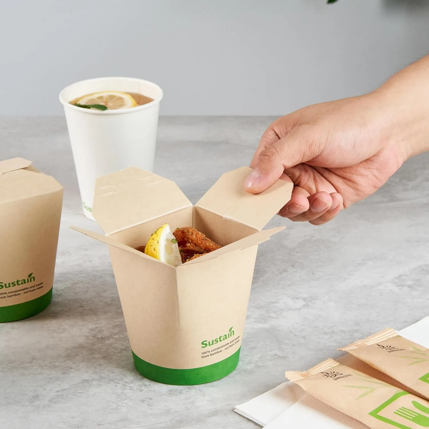 Restaurantware Sustain 16 Ounce Sturdy Paper Take Out Boxes, 50 Disposable Take Out Food Containers - With PLA lining, Compostable, Bamboo Paper Containers, Built-In Tab-Lock Cover, Greaseproof