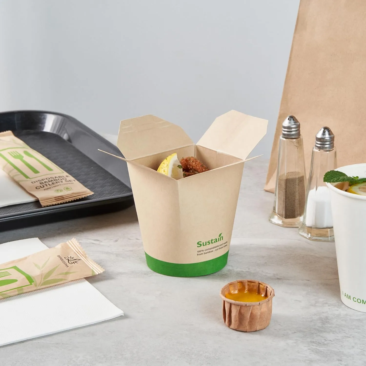 Restaurantware Sustain 16 Ounce Sturdy Paper Take Out Boxes, 50 Disposable Take Out Food Containers - With PLA lining, Compostable, Bamboo Paper Containers, Built-In Tab-Lock Cover, Greaseproof