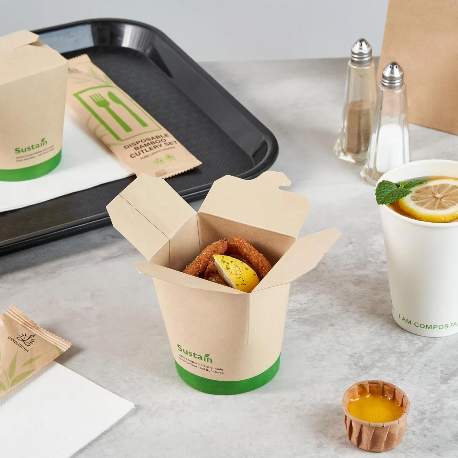 Restaurantware Sustain 16 Ounce Sturdy Paper Take Out Boxes, 50 Disposable Take Out Food Containers - With PLA lining, Compostable, Bamboo Paper Containers, Built-In Tab-Lock Cover, Greaseproof