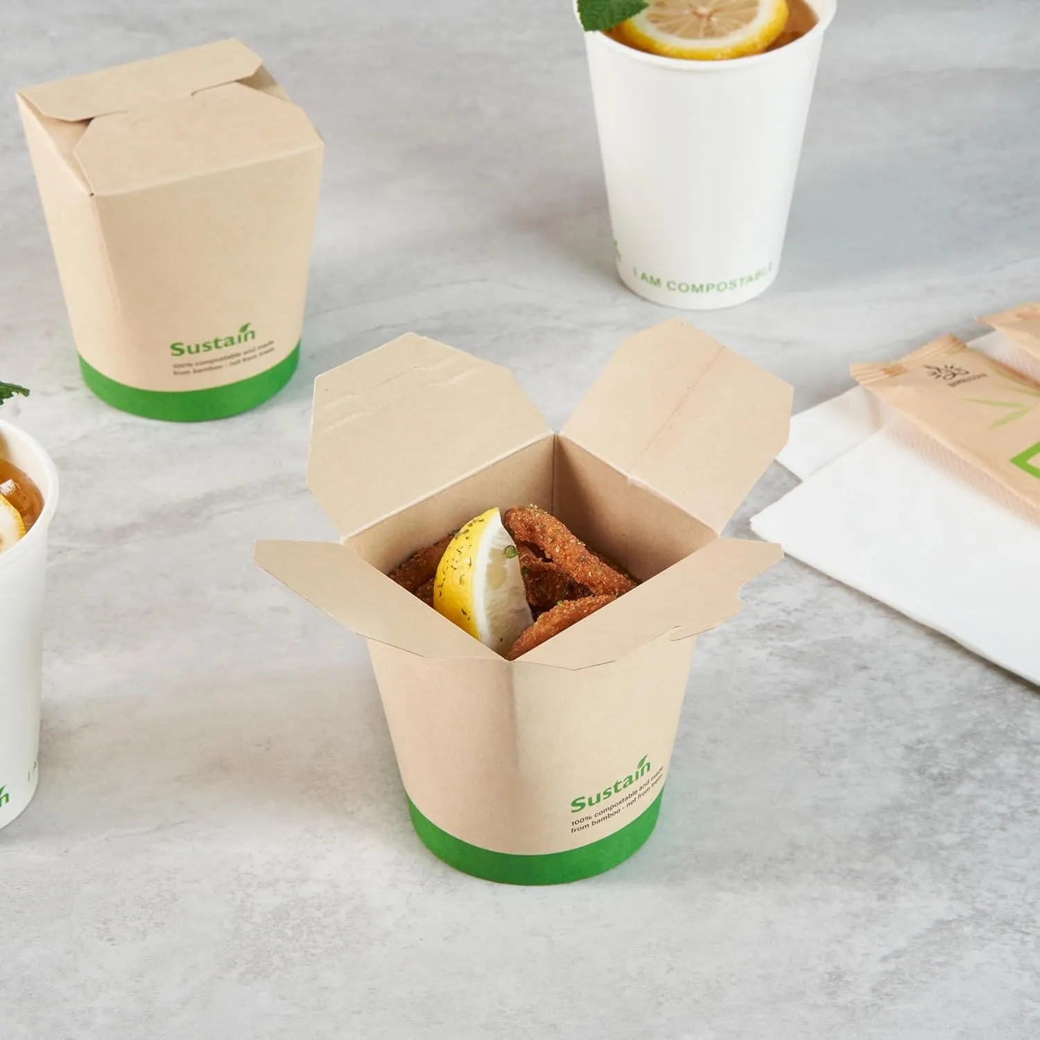 Restaurantware Sustain 16 Ounce Sturdy Paper Take Out Boxes, 50 Disposable Take Out Food Containers - With PLA lining, Compostable, Bamboo Paper Containers, Built-In Tab-Lock Cover, Greaseproof