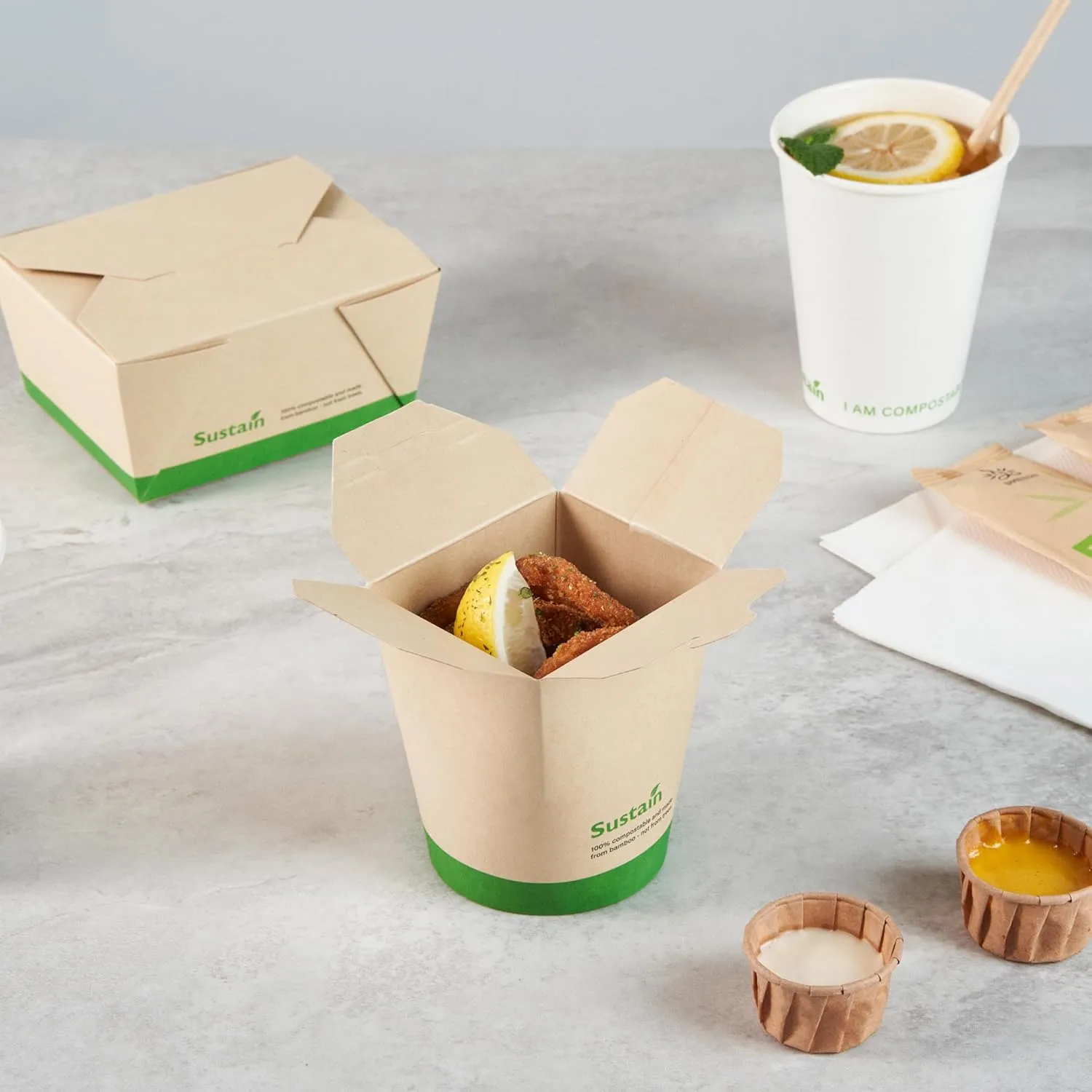 Restaurantware Sustain 16 Ounce Sturdy Paper Take Out Boxes, 50 Disposable Take Out Food Containers - With PLA lining, Compostable, Bamboo Paper Containers, Built-In Tab-Lock Cover, Greaseproof