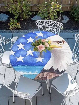 Round Fitted Tablecloth - American Flag Eagle Waterproof Table Cover for Indoor Outdoor Holiday Party, Watercolor Patriotic Bird and Blue Star Elastic Edged Tablecloths Fit Up 45"-54" Tables