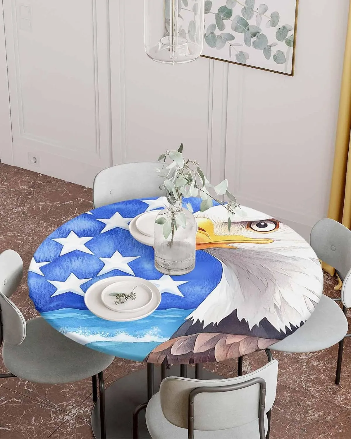 Round Fitted Tablecloth - American Flag Eagle Waterproof Table Cover for Indoor Outdoor Holiday Party, Watercolor Patriotic Bird and Blue Star Elastic Edged Tablecloths Fit Up 45"-54" Tables