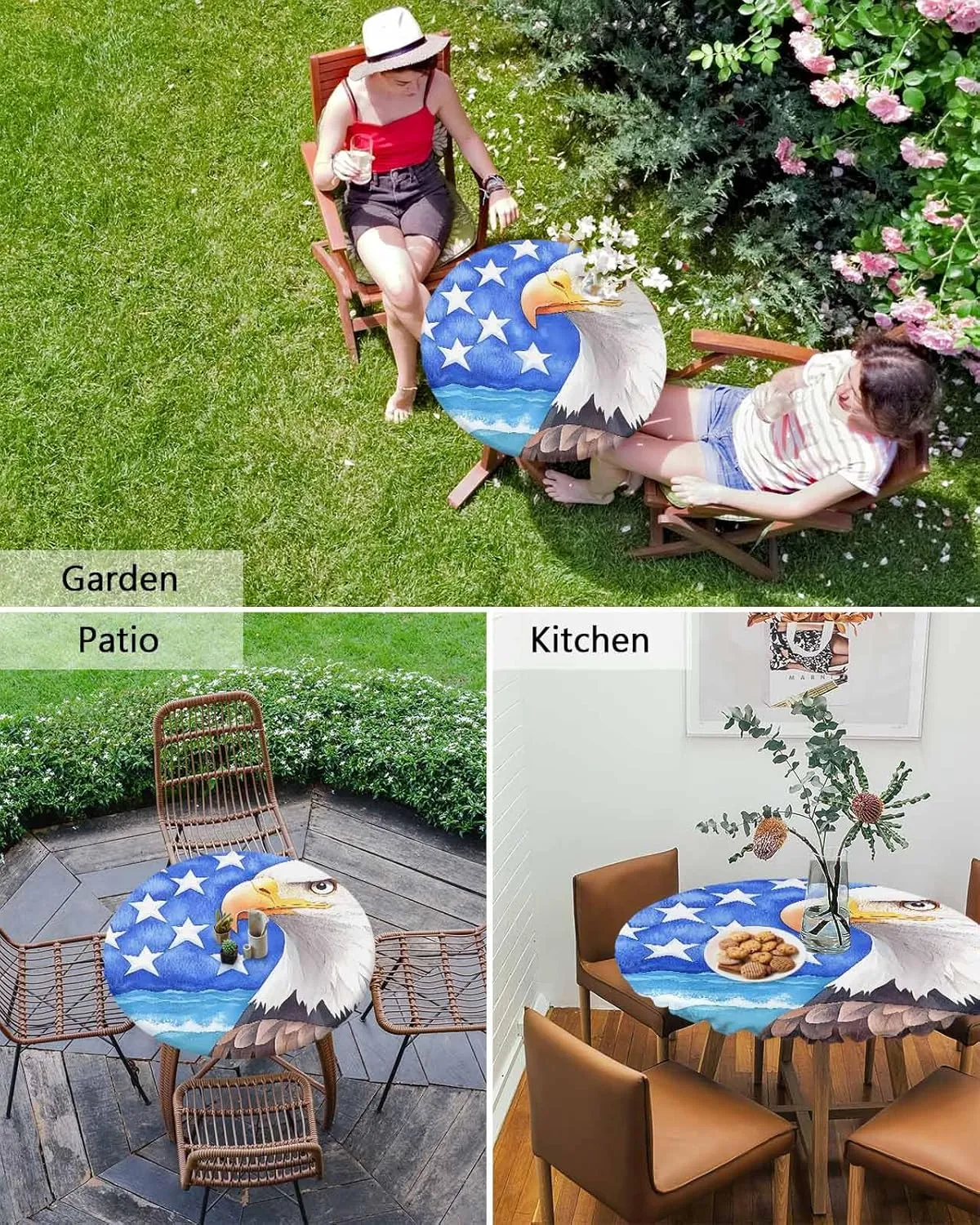 Round Fitted Tablecloth - American Flag Eagle Waterproof Table Cover for Indoor Outdoor Holiday Party, Watercolor Patriotic Bird and Blue Star Elastic Edged Tablecloths Fit Up 45"-54" Tables