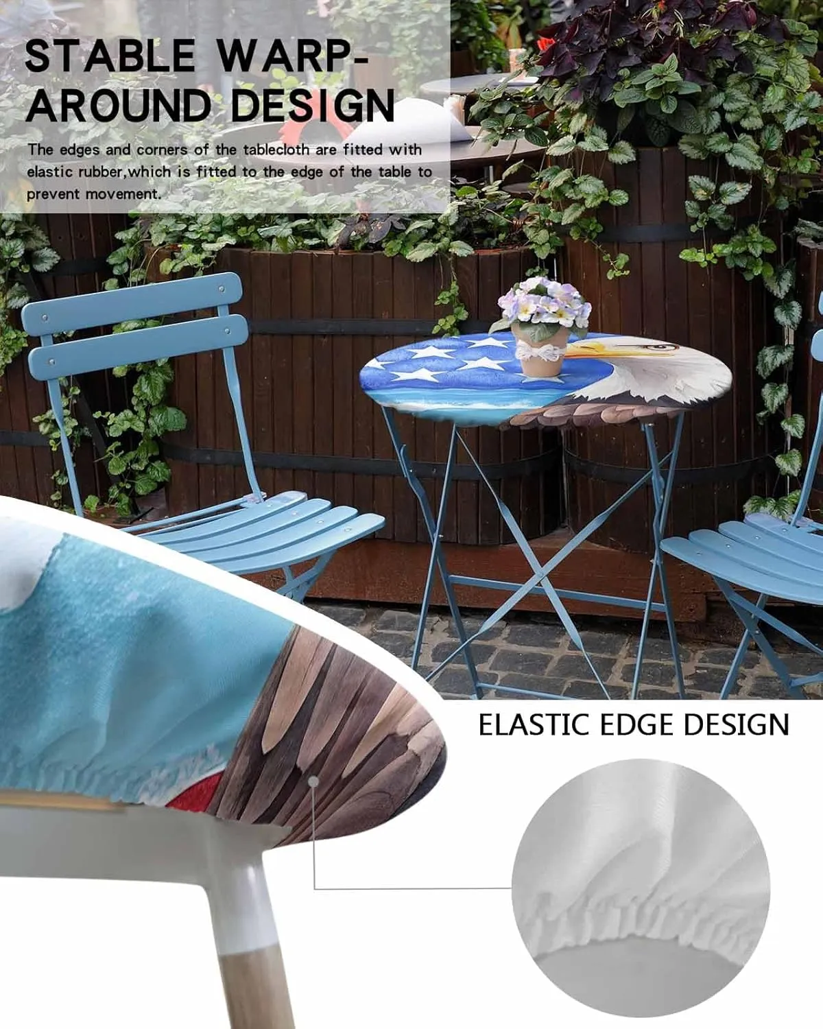 Round Fitted Tablecloth - American Flag Eagle Waterproof Table Cover for Indoor Outdoor Holiday Party, Watercolor Patriotic Bird and Blue Star Elastic Edged Tablecloths Fit Up 45"-54" Tables