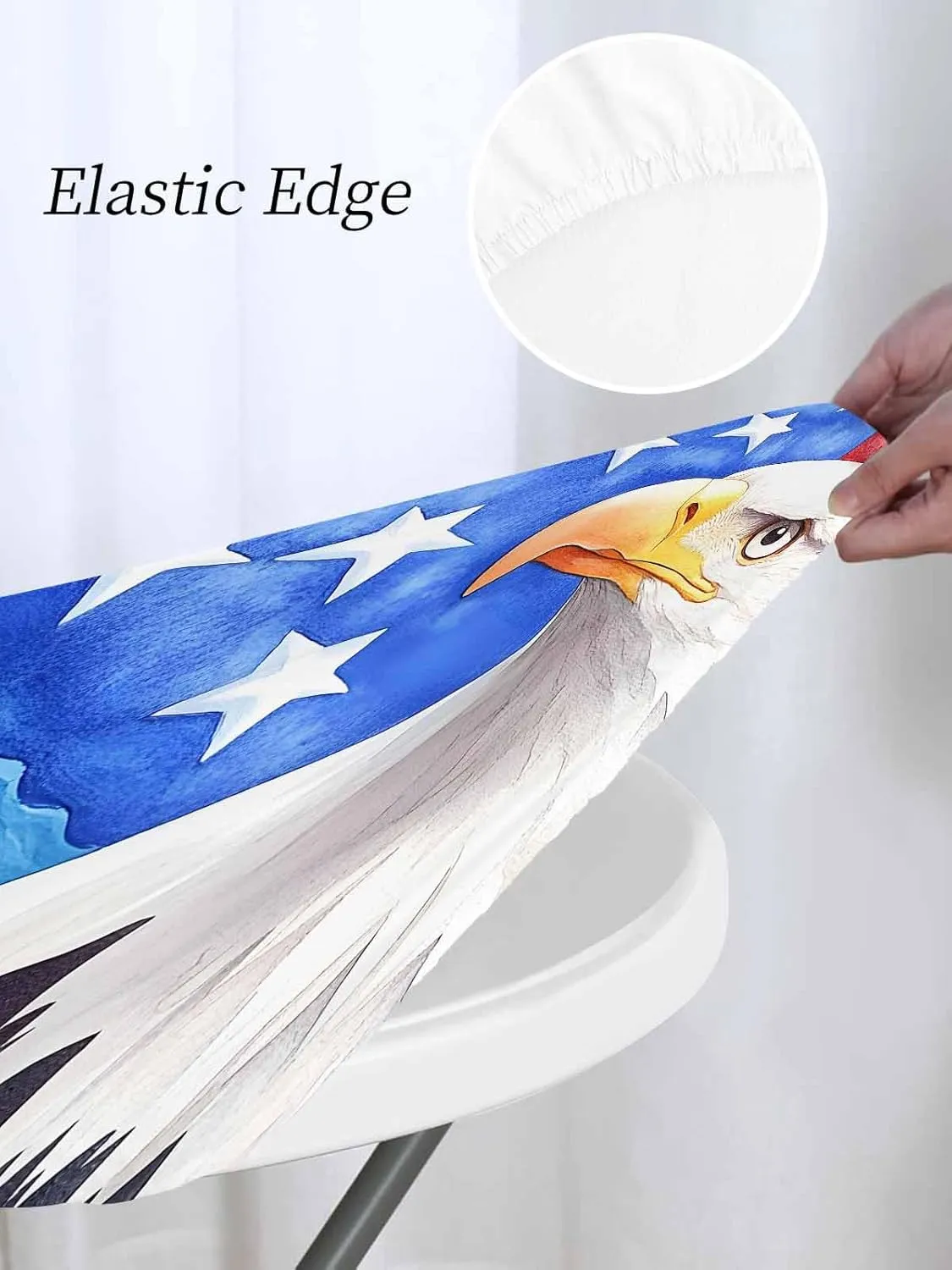 Round Fitted Tablecloth - American Flag Eagle Waterproof Table Cover for Indoor Outdoor Holiday Party, Watercolor Patriotic Bird and Blue Star Elastic Edged Tablecloths Fit Up 45"-54" Tables