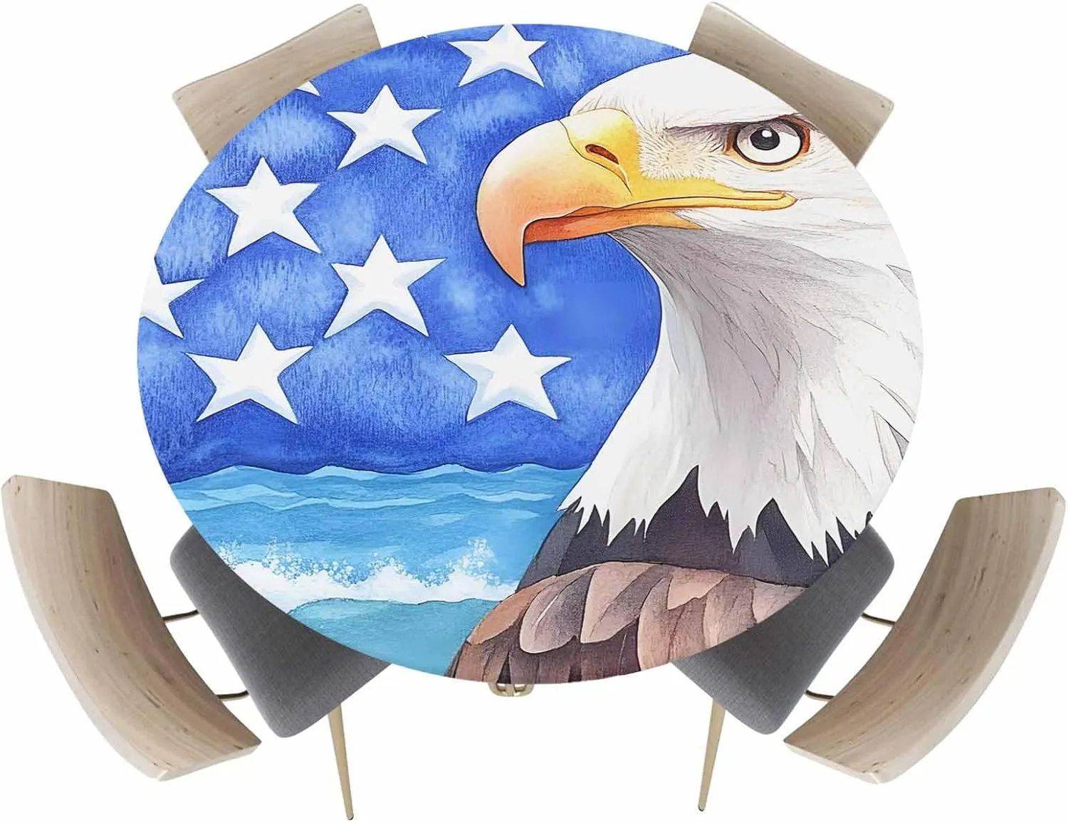Round Fitted Tablecloth - American Flag Eagle Waterproof Table Cover for Indoor Outdoor Holiday Party, Watercolor Patriotic Bird and Blue Star Elastic Edged Tablecloths Fit Up 45"-54" Tables