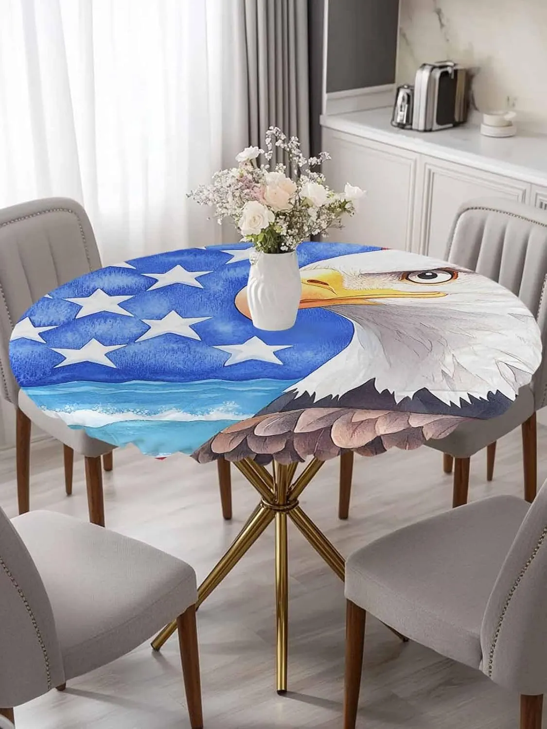 Round Fitted Tablecloth - American Flag Eagle Waterproof Table Cover for Indoor Outdoor Holiday Party, Watercolor Patriotic Bird and Blue Star Elastic Edged Tablecloths Fit Up 45"-54" Tables