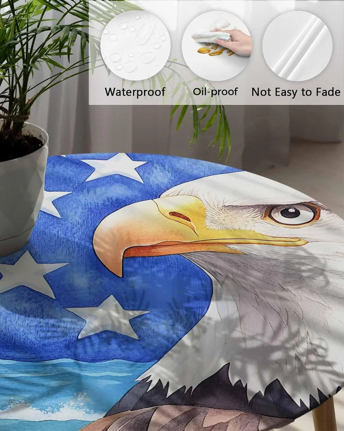 Round Fitted Tablecloth - American Flag Eagle Waterproof Table Cover for Indoor Outdoor Holiday Party, Watercolor Patriotic Bird and Blue Star Elastic Edged Tablecloths Fit Up 45"-54" Tables
